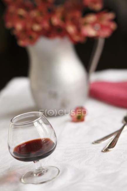 Nahaufnahme von Cassis im Glas mit Krug mit Hartriegelblüten — Stockfoto