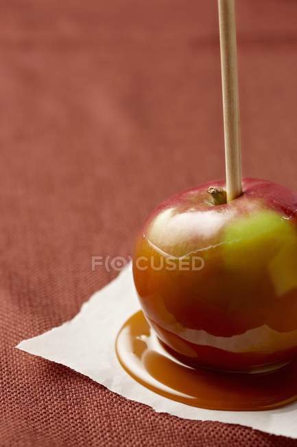 Closeup view of caramel apple on stick — Stock Photo