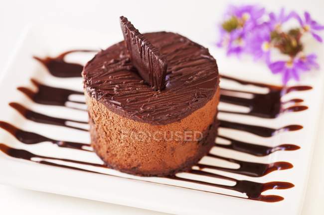 Vista de primer plano de postre de chocolate con salsa y flores - foto de stock