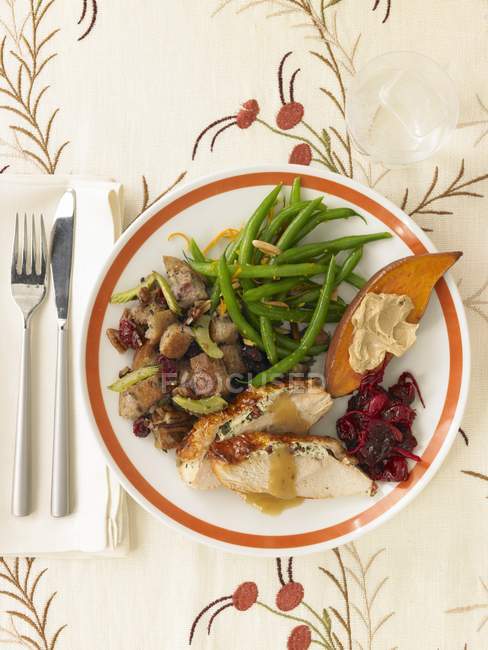 Thanksgiving Plate with Turkey, Pecan Cherry Stuffing, Green Beans, Sweet Potato and Cranberry Sauce — Stock Photo