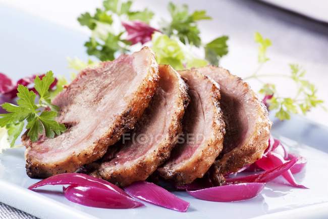 Roast goose with red onions — Stock Photo
