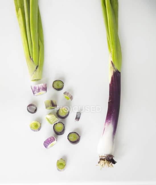 Organic Purple Scallions One Sliced and One Whole — Stock Photo