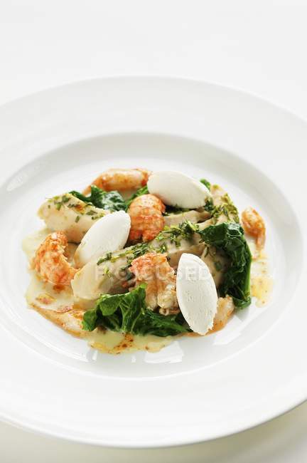Spinatsalat mit gedünstetem Huhn und Krebsen auf weißem Teller — Stockfoto