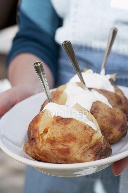 Manos sosteniendo plato de patatas chaqueta - foto de stock