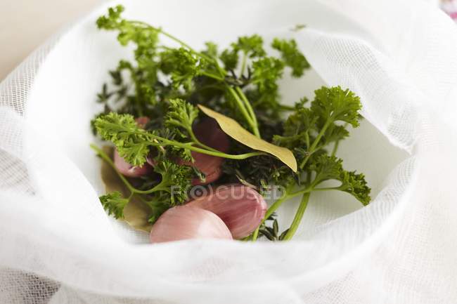 Herbes fraîches et gousses d'ail — Photo de stock
