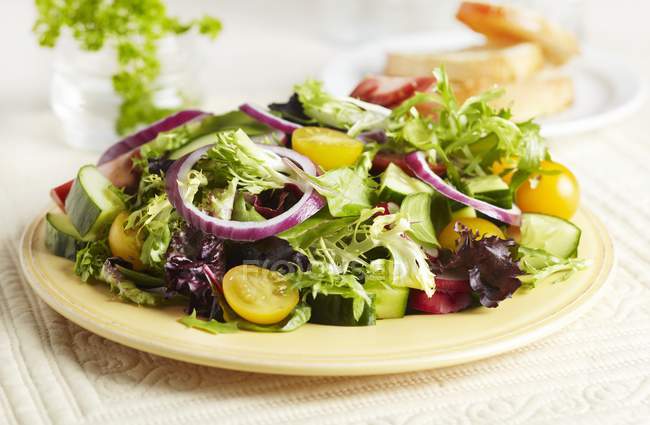 Змішаний зелений салат на тарілці над рушником — стокове фото
