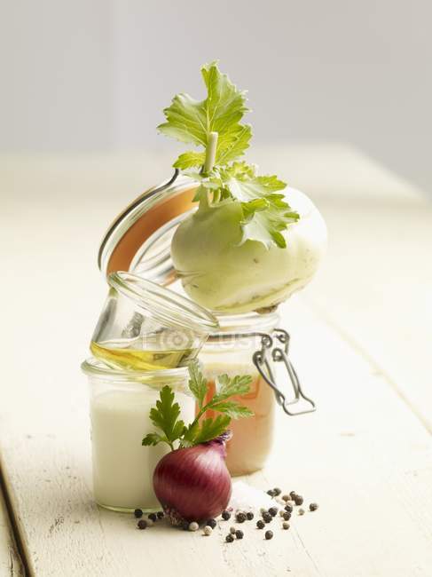 Ingredients for cream of kohlrabi soup over white surface — Stock Photo