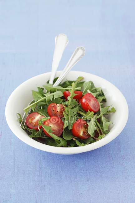 Salade de pissenlit aux tomates cerises sur assiette blanche sur surface bleue — Photo de stock