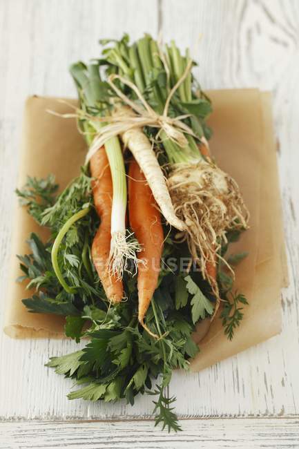 A bundle of soup vegetables over wooden surface — Stock Photo
