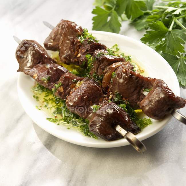 Beef Skewers with Sauce — Stock Photo
