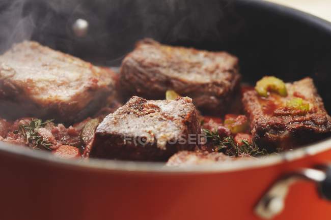 Beef Burgundy Cooking in Pot — Stock Photo