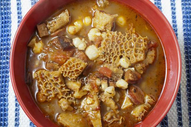 Closeup view of Menudo Colorado Mexican tripe stew — Stock Photo