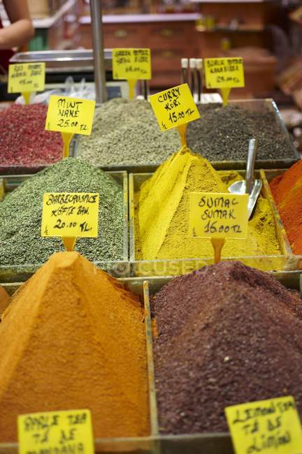 Elevated view of various spices on market stall — Stock Photo