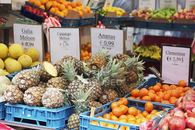 Várias frutas com etiquetas de preço em caixas no mercado — Fotografia de Stock