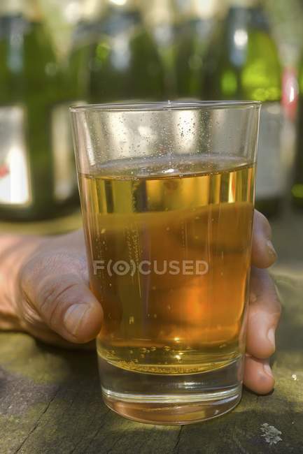 Primo piano vista di una mano che tiene un bicchiere di vino di mela — Foto stock