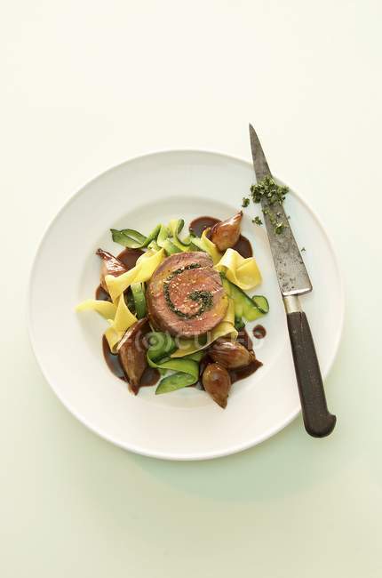 Beef roulade with pappardelle pasta — Stock Photo
