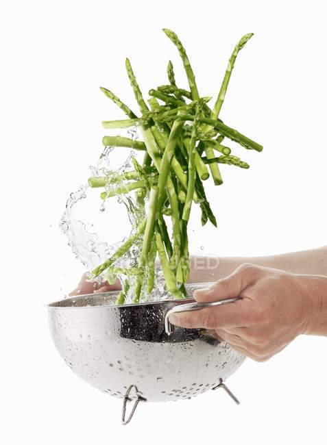 Washing green asparagus — Stock Photo