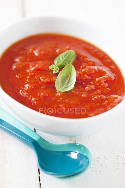 Чаша свіжого томатного соусу з пластиковою ложкою — стокове фото