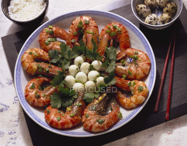 Shrimp with Quail Eggs — Stock Photo