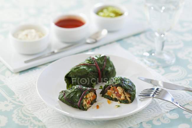 Chard sarma filled with turkey and dips on white plate — Stock Photo