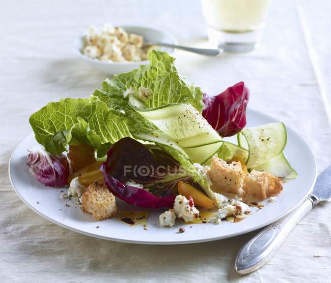 Салат з грінками одягнені з олії й оцту на тарілку, білий — стокове фото
