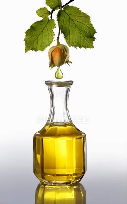 Visão aproximada do óleo de avelã que cai de uma avelã em uma garrafa — Fotografia de Stock