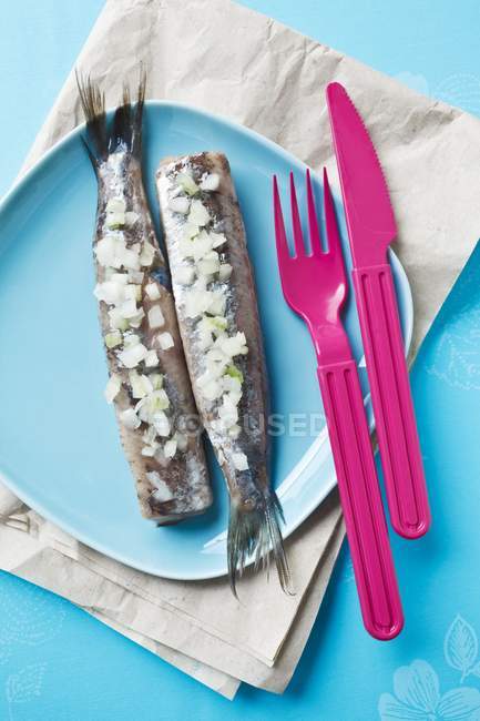 Matjes fresco con cipolle e posate di plastica su piatto blu sopra asciugamano — Foto stock