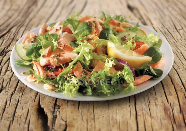 Salmon salad with lettuce and lemon — Stock Photo