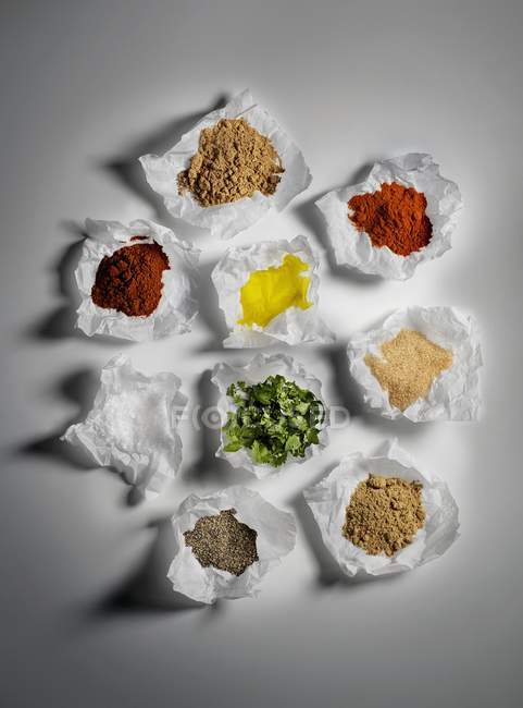Variety of spices on white parchment pieces — Stock Photo