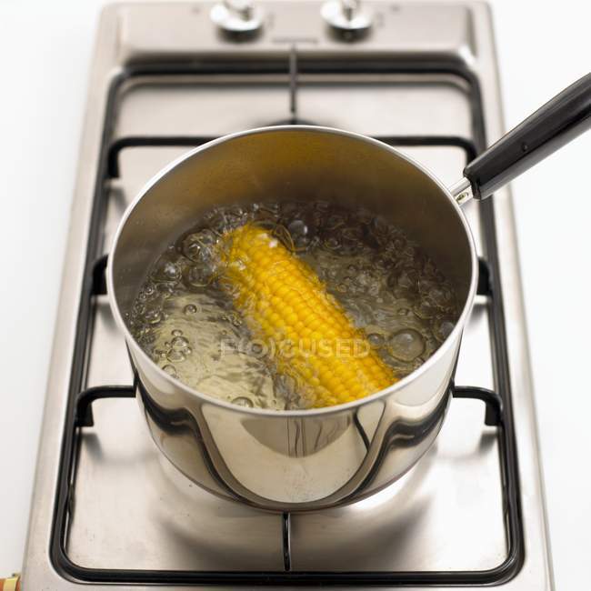 Mazorca de maíz fresco en agua hirviendo - foto de stock