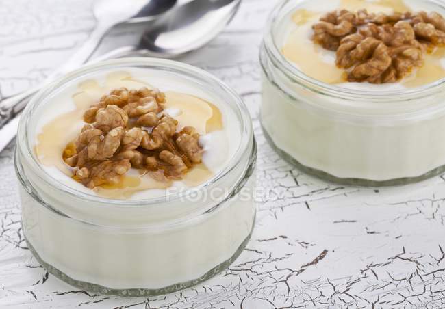 Natural yogurt with walnuts — Stock Photo
