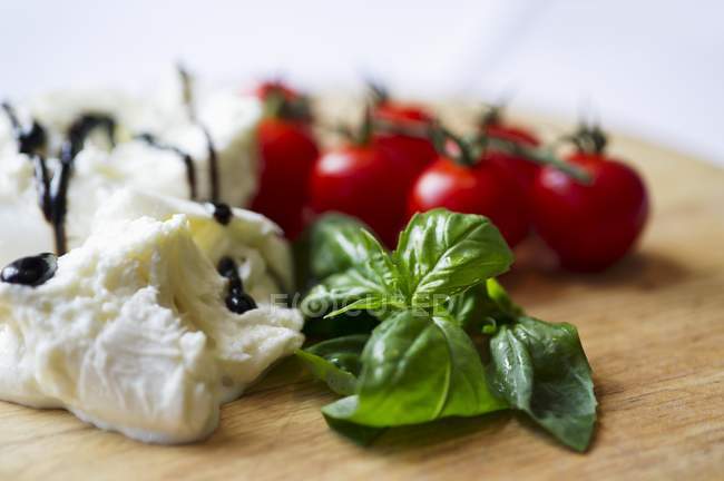 Tomates frescos con mozzarella y albahaca - foto de stock
