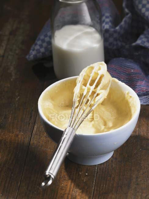 Bowl of potato flour dough with a whisk — Stock Photo