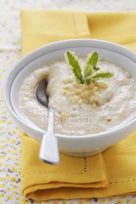 Closeup view of rhubarb foam with pineapple mint, spoon and nuts in bowl — Stock Photo