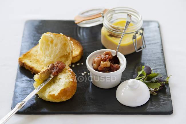 Elevated view of Brioche with duck liver and truffle Parfait — Stock Photo