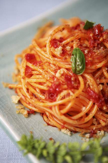 Espaguetis con tomates en plato - foto de stock