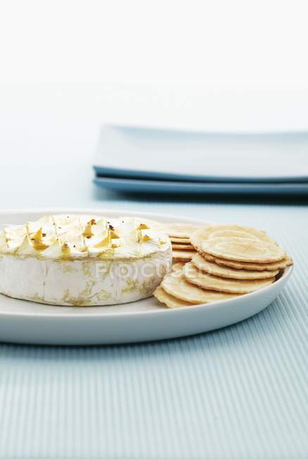 Camembert und Cracker in Platte — Stockfoto