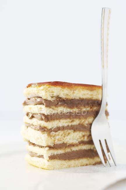 Primo piano vista di Dobos torte stratificato con crema di burro di cioccolato e condito con caramello — Foto stock