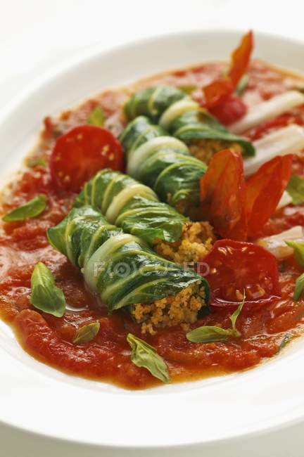 Chard stuffed with couscous in a tomato ragout on white plate — Stock Photo