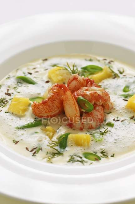 Sour cream soup with crayfish and green beans  on white plate — Stock Photo