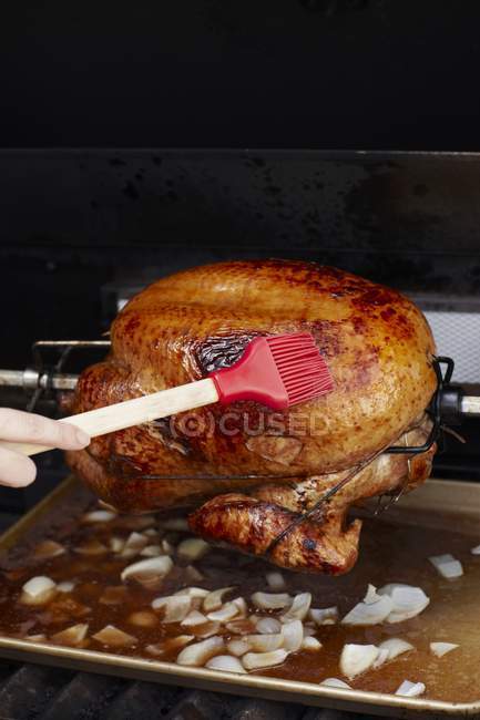 Closeup view of basting a whole roasting turkey — Stock Photo
