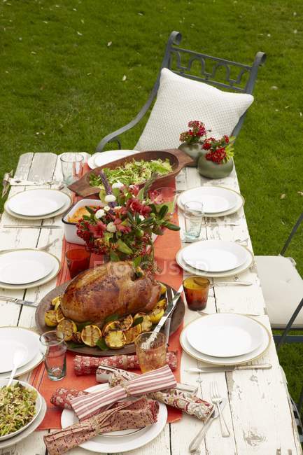 Vue diurne de la table dressée extérieure avec poulet, fleurs, fruits et salade — Photo de stock