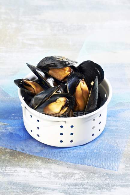 Steamed mussels in colander — Stock Photo