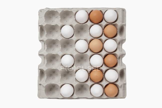 White and brown eggs in egg box — Stock Photo
