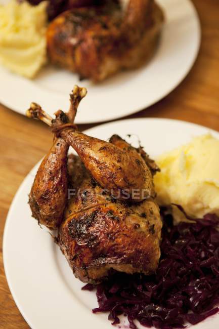 Roast pheasant with red cabbage and mashed potato on white plate over wooden surface — Stock Photo