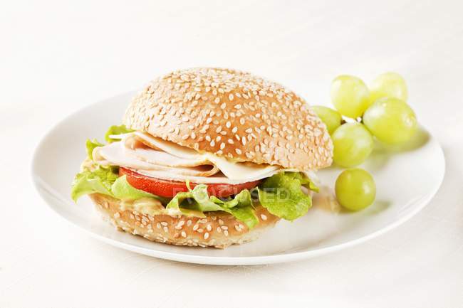 Вид сэндвича с индейкой на булочке с кунжутом и зеленым виноградом — стоковое фото