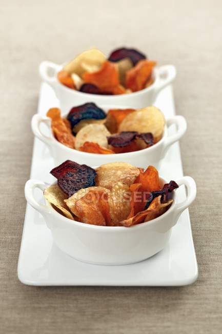 Colourful vegetable chips in white dishes over plate — Stock Photo