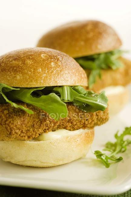 Tofu-Sandwiches mit Rucola und Mayo auf weißem Teller — Stockfoto