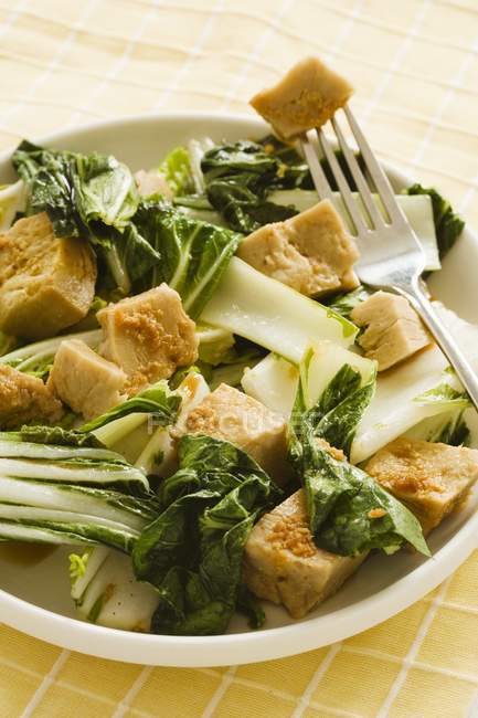 Salade de tofu et Bok Choy sur assiette blanche avec fourchette — Photo de stock