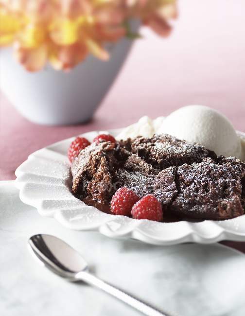 Baked chocolate pudding with powdered sugar — Stock Photo